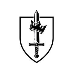 Shield Emblem Featuring Sword Pierced by Crown, Symbolizing Royal Authority.