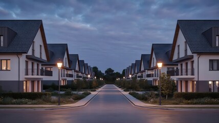 Classic European Townhouse Street at Dusk with Warm Lights