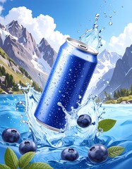 Blue can splashing in water, surrounded by blueberries and mountains