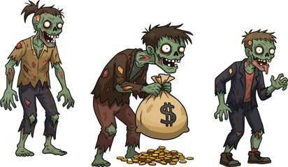 Cartoon zombies with money bag, funny green undead characters, horror humor illustration, ragged clothing, exaggerated faces, Halloween theme, cad drawing flat vector illustration