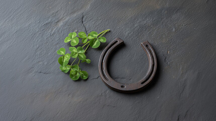 Vintage Iron Horseshoe with Fresh Shamrock on Black Slate for St Patricks Day