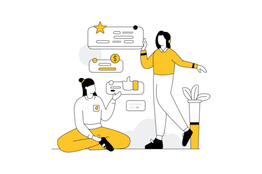 Two Abstract Figures Reviewing Customer Feedback on Transparent Background Illustration with Yellow Accents and Simple Linear Graphics Presenting Data and Analysis