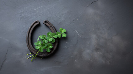 Lucky Horseshoe with Fresh Shamrock Clover for St Patricks Day Irish Celebration