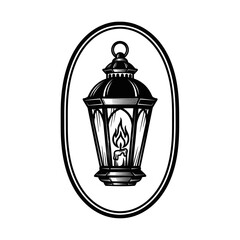 Vintage Lantern with Burning Candle in Oval Frame.