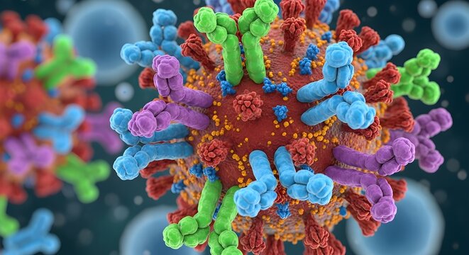 Intricate 3d rendering of a colorful virus particle with protruding spikes in a microscopic biological setting with bokeh