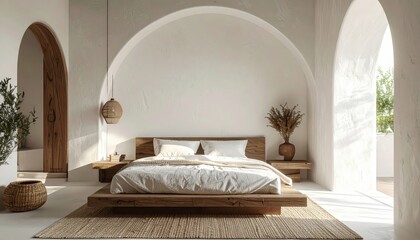 Serene bedroom interior showcasing minimalist design, a low wooden platform bed, and clean white bedding beneath a large archway bathed in natural sunlight, featuring natural wood accents and decor.