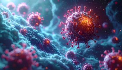 Close-up view of numerous virus particles, glowing in vibrant colors