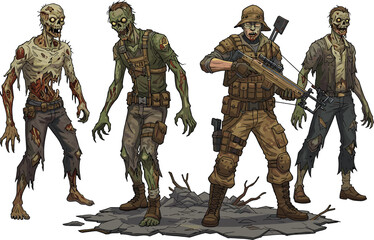 Zombie apocalypse survivors, undead soldier with crossbow, creepy horror monsters, military zombie characters, scary undead creatures, post apocalyptic illustration, 