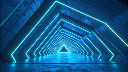 Obraz premium Geometric blue tunnel with neon triangular frames creating perspective depth, industrial concrete walls, futuristic atmosphere.