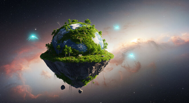 A floating island with lush greenery and trees, adrift in space.