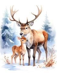 Winter scene with deer mother and fawn.  Soft watercolor style, snowy forest background