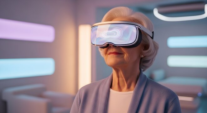 Elderly woman wearing a virtual reality headset experiencing immersive digital technology in a modern futuristic environment with glowing lights