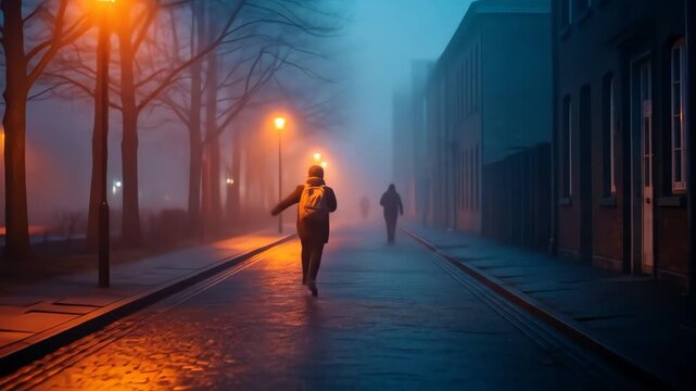 Person Running on Wet Street at Night with Mist and Glowing Streetlights Reflecting on Pavement Beside Buildings in Dark Blue Tone with Silhouette