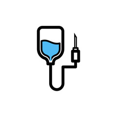 Stylized icon of an intravenous drip bag containing blue liquid connected to a needle.
