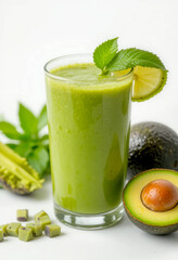 Refreshing green smoothie with avocado and lime garnish on a white background.