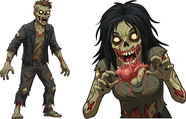 Zombie couple cartoon illustration, scary undead characters, horror Halloween artwork, creepy monster design, spooky vector drawing, blood gore theme, cad drawing flat vector illustration