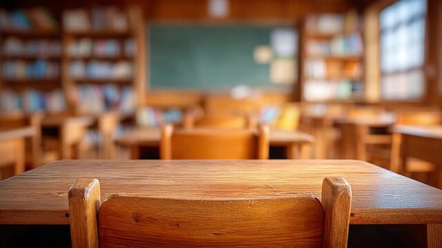 Serene Classroom: A warm and inviting classroom interior, with empty desks and chairs ready for students, the blackboard and bookshelves provide a sense of anticipation and intellectual growth.