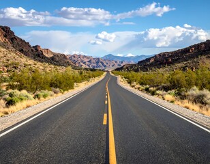 Naklejka premium Open highway perspective through desert landscape under a blue sky