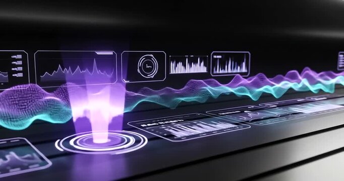 Futuristic data visualization interface with holographic elements and graphs - Powered by Adobe