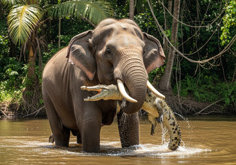 Fototapeta premium Elephant carrying a crocodile in its mouth while standing in a river.