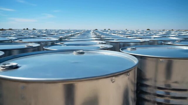 Rows of Metal Drums Under Clear Blue Sky in Open Landscape