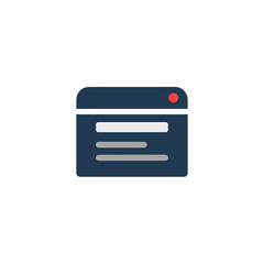 Fototapeta premium A minimalist flat design icon depicting a dark blue web browser window with content lines and a red indicator.