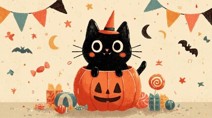 かぼちゃに入った黒猫　ハロウィーン
