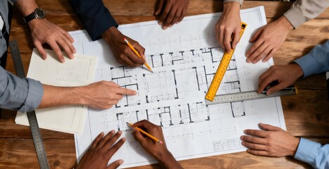 Team Hands Collaborating Over Architectural Blueprint