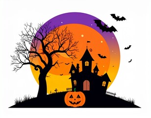 AI Generative Spooky Halloween night scene with haunted castle, bare tree, flying bats, and a glowing jack-o'-lantern against a vibrant orange and purple moon.