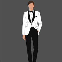 Stylish Man in White Tuxedo and Black Bow Tie. Formal Evening Wear Illustration. Elegant Gentleman Attire.