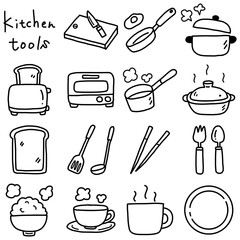 モノクロ手描き線画のシンプルで可愛い台所用品イラストセット / Monochrome Hand-drawn Kitchen Utensils Line Art Illustration Set