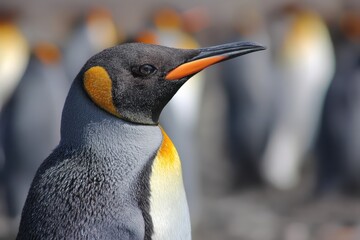 King penguin standing prominently along the shores of the Atlantic, a stunning specimen showcasing vibrant colors and unique features amidst its natural habitat