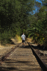 Walking Along the Old Railway Tracks Surrounded by Lush Greenery on a Sunny Day