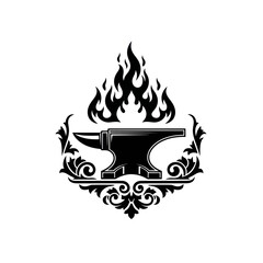 Blacksmith anvil silhouette with flames and ornate decoration.
