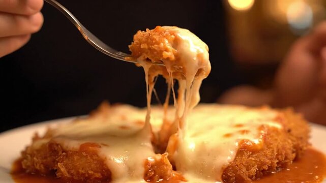 Eating A Delicious Plate Of Chicken Parmesan With Melted Cheese.