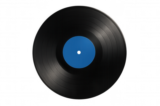 Vinyl record playing music sound, lp disc with blue label, analog audio, retro music, transparent background