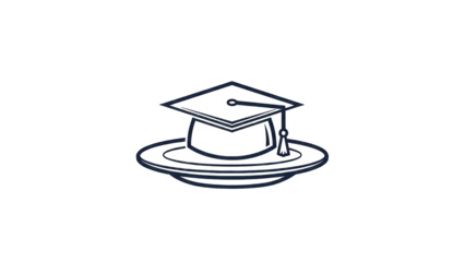 black and white line drawing of a graduation cap sitting on top of a plate.