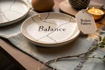 Elegant Ceramic Plate with Text Balance and Cracked Design on Wooden Table with Candle and Natural Elements