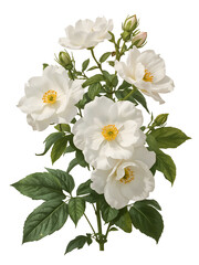 White Wild Roses with Green Leaves and Buds isolated on a transparent background white rose
