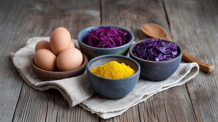 Fresh Organic Ingredients with Purple Cabbage Eggs and Turmeric Powder on Rustic Wooden Table