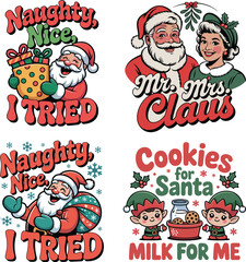Funny Santa Christmas T-Shirt Designs | Naughty or Nice I Tried | Vintage Santa Claus Clipart vactor