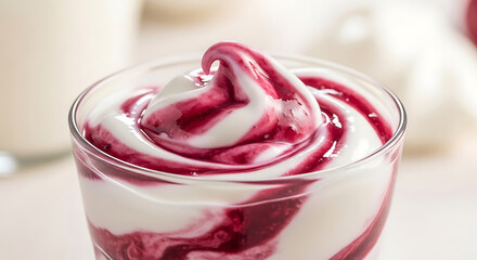 Closeup of creamy yogurt swirled with berry sauce in a glass