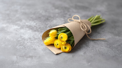 Yellow Ranunculus Flower Bouquet Wrapped in Kraft Paper on Gray Background