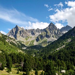 Fototapeta premium Mountain Range with Valley and Forest under a Bright Sky