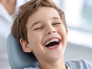 A joyful young boy laughing heartily while sitting in a dental chair, showing his perfect white teeth.