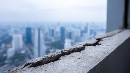 Severe crack in a concrete balcony railing, high above a blurred, hazy, sprawling city skyline.