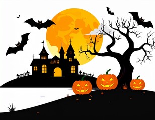 AI Generative A spooky haunted house silhouetted against a large orange full moon with bats and jack-o'-lanterns.