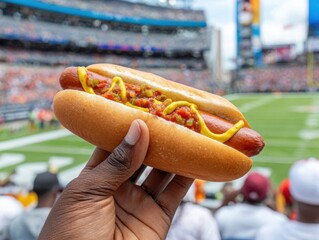 Close-up of a delicious hot dog topped with mustard and colorful relish held by a spectator at a vibrant outdoor stadium event.