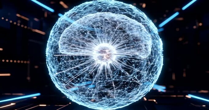 Futuristic digital brain model glowing in a high-tech environment - Powered by Adobe