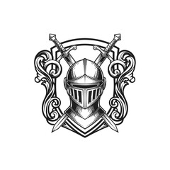 Fototapeta premium Knight Helmet with Crossed Swords and Ornate Frame Engraving.